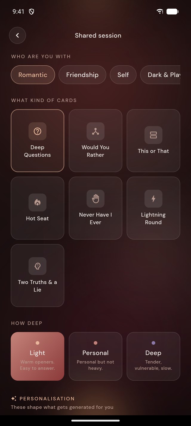 Session picker showing all seven modes and three depths